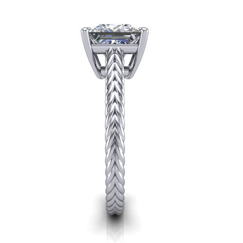 Jayden princess classic engagement ring in 14K White Gold, side profile showing the plaited rope braid running down the band