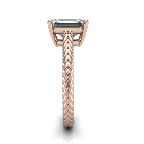 Jayden emerald classic engagement ring in 14K Rose Gold, side profile showing the plaited rope braid running down the band