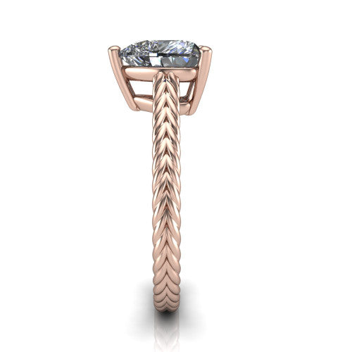 Jayden heart classic engagement ring in 18K Rose Gold, side profile showing the plaited rope braid running down the band