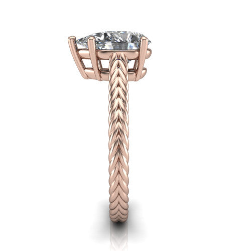 Jayden pear classic engagement ring in 18K Rose Gold, side profile showing the plaited rope braid running down the band