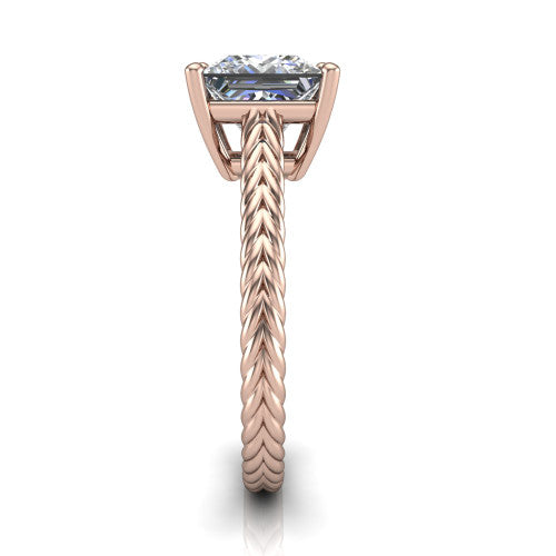 Jayden princess classic engagement ring in 18K Rose Gold, side profile showing the plaited rope braid running down the band