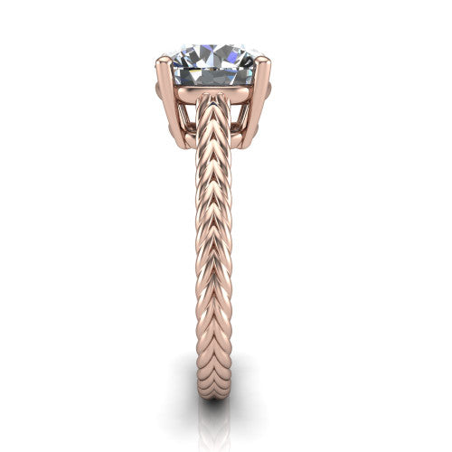Jayden round classic engagement ring in 18K Rose Gold, side profile showing the plaited rope braid running down the band