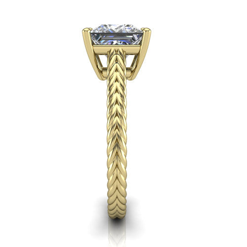 Jayden princess classic engagement ring in 18K Yellow Gold, side profile showing the plaited rope braid running down the band
