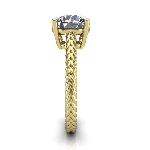 Jayden round classic engagement ring in 18K Yellow Gold, side profile showing the plaited rope braid running down the band