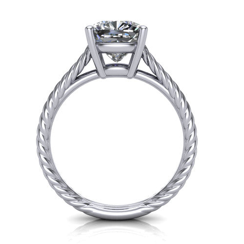 Jayden cushion classic engagement ring in 14K White Gold, through-finger front profile showing the solitaire head raised above the woven rope shank