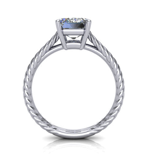 Jayden emerald classic engagement ring in 14K White Gold, through-finger front profile showing the solitaire head raised above the woven rope shank