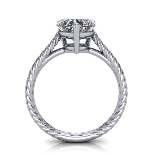 Jayden heart classic engagement ring in Platinum, through-finger front profile showing the solitaire head raised above the woven rope shank