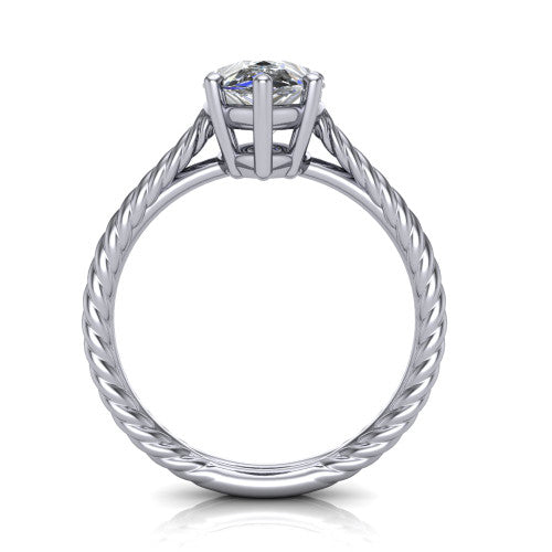 Jayden pear classic engagement ring in 14K White Gold, through-finger front profile showing the solitaire head raised above the woven rope shank
