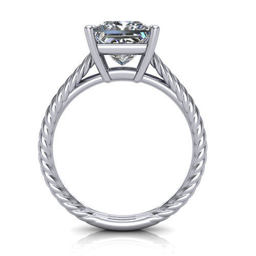 Jayden princess classic engagement ring in 18K White Gold, through-finger front profile showing the solitaire head raised above the woven rope shank