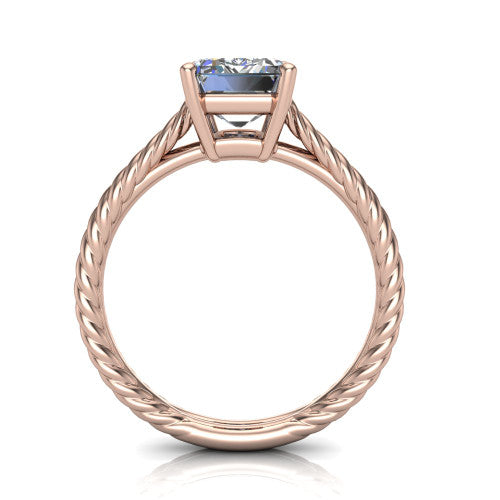 Jayden emerald classic engagement ring in 18K Rose Gold, through-finger front profile showing the solitaire head raised above the woven rope shank