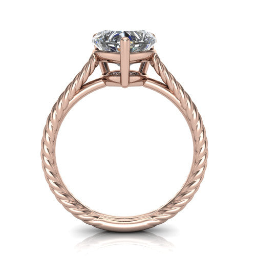 Jayden heart classic engagement ring in 18K Rose Gold, through-finger front profile showing the solitaire head raised above the woven rope shank
