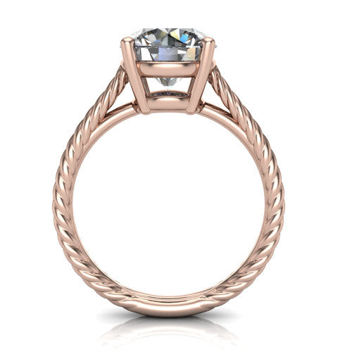 Jayden round classic engagement ring in 14K Rose Gold, through-finger front profile showing the solitaire head raised above the woven rope shank