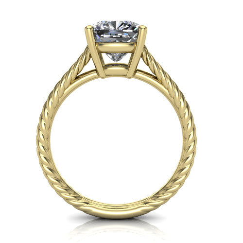 Jayden cushion classic engagement ring in 14K Yellow Gold, through-finger front profile showing the solitaire head raised above the woven rope shank