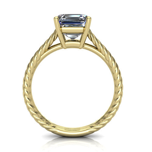 Jayden asscher classic engagement ring in 14K Yellow Gold, through-finger front profile showing the solitaire head raised above the woven rope shank
