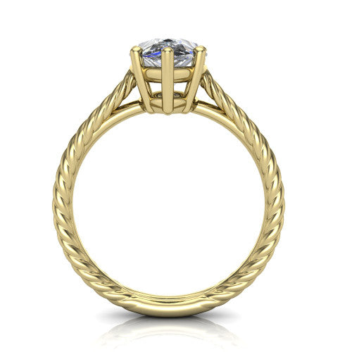 Jayden pear classic engagement ring in 18K Yellow Gold, through-finger front profile showing the solitaire head raised above the woven rope shank