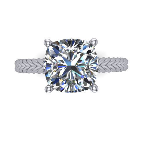 Jayden cushion classic engagement ring in Platinum, top-down view showing the prong-set center diamond over a braided rope band