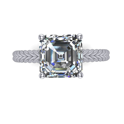Jayden asscher classic engagement ring in 18K White Gold, top-down view showing the prong-set center diamond over a braided rope band