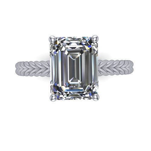 Jayden emerald classic engagement ring in 18K White Gold, top-down view showing the prong-set center diamond over a braided rope band