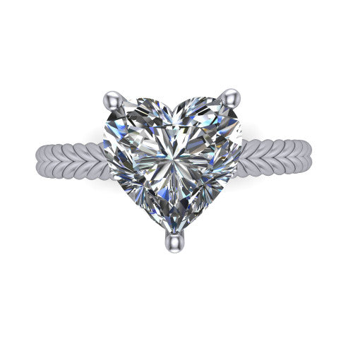Jayden heart classic engagement ring in Platinum, top-down view showing the prong-set center diamond over a braided rope band