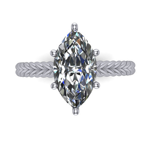 Jayden marquise classic engagement ring in 18K White Gold, top-down view showing the prong-set center diamond over a braided rope band