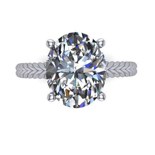 Jayden oval classic engagement ring in Platinum, top-down view showing the prong-set center diamond over a braided rope band