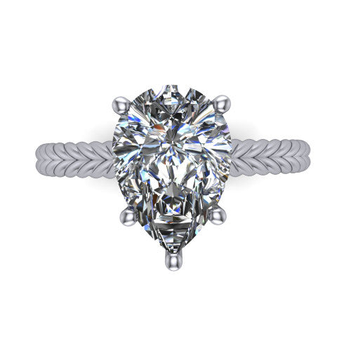 Jayden pear classic engagement ring in Platinum, top-down view showing the prong-set center diamond over a braided rope band