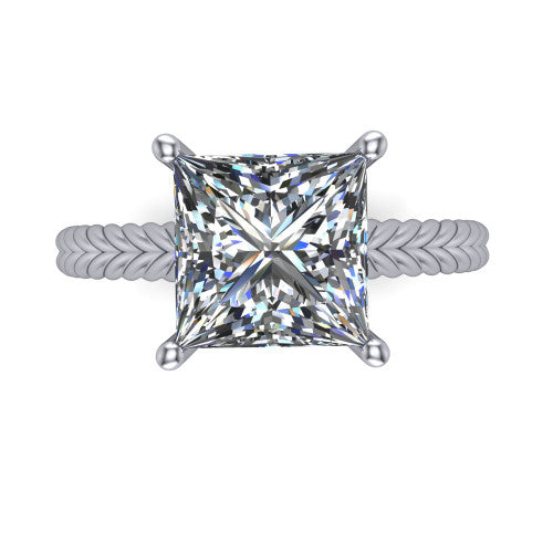 Jayden princess classic engagement ring in 14K White Gold, top-down view showing the prong-set center diamond over a braided rope band