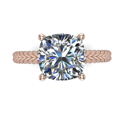Jayden cushion classic engagement ring in 18K Rose Gold, top-down view showing the prong-set center diamond over a braided rope band
