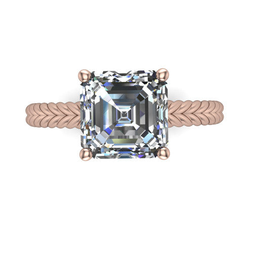 Jayden asscher classic engagement ring in 14K Rose Gold, top-down view showing the prong-set center diamond over a braided rope band