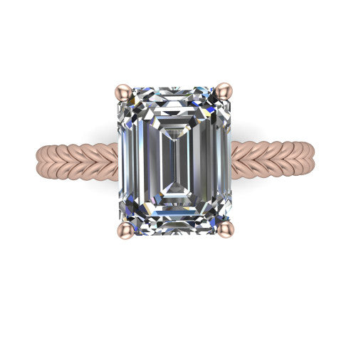 Jayden emerald classic engagement ring in 18K Rose Gold, top-down view showing the prong-set center diamond over a braided rope band