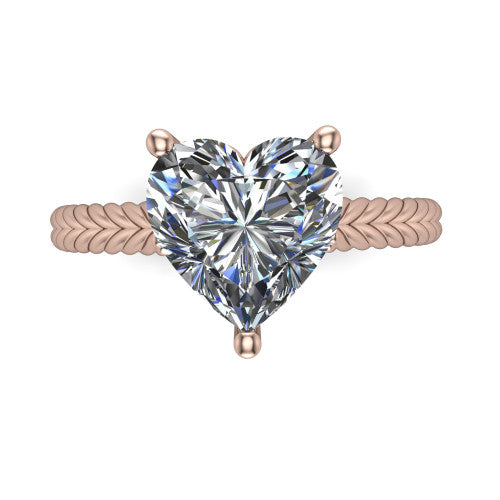 Jayden heart classic engagement ring in 18K Rose Gold, top-down view showing the prong-set center diamond over a braided rope band