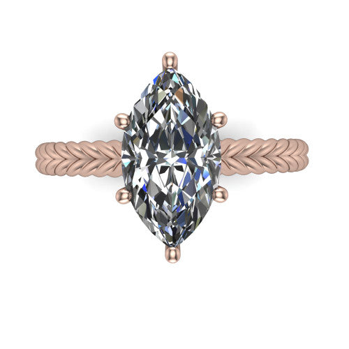 Jayden marquise classic engagement ring in 14K Rose Gold, top-down view showing the prong-set center diamond over a braided rope band
