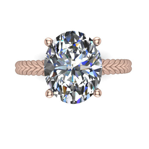Jayden oval classic engagement ring in 18K Rose Gold, top-down view showing the prong-set center diamond over a braided rope band