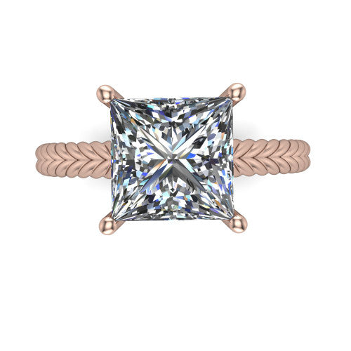 Jayden princess classic engagement ring in 14K Rose Gold, top-down view showing the prong-set center diamond over a braided rope band