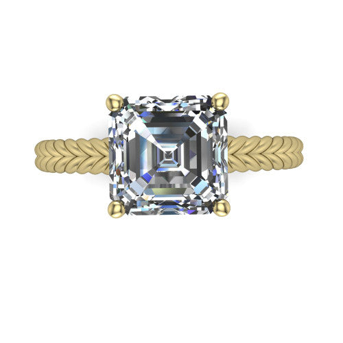 Jayden asscher classic engagement ring in 14K Yellow Gold, top-down view showing the prong-set center diamond over a braided rope band