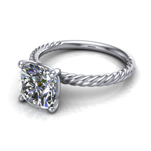 Nova cushion rope solitaire engagement ring in 14K White Gold, three-quarter perspective showing the cushion center on claw prongs above a twisted rope band