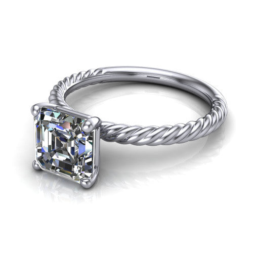 Nova square emerald rope solitaire engagement ring in 18K White Gold, three-quarter perspective showing the square emerald center on claw prongs above a twisted rope band