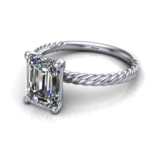 Nova emerald rope solitaire engagement ring in 14K White Gold, three-quarter perspective showing the emerald center on claw prongs above a twisted rope band