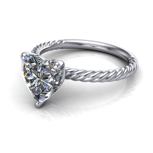 Nova heart rope solitaire engagement ring in 14K White Gold, three-quarter perspective showing the heart center on claw prongs above a twisted rope band