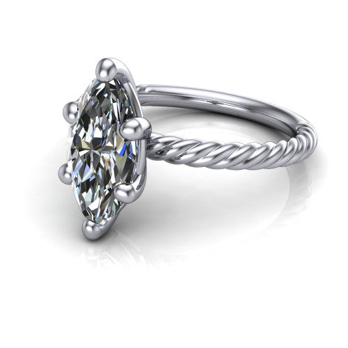 Nova marquise rope solitaire engagement ring in 18K White Gold, three-quarter perspective showing the marquise center on claw prongs above a twisted rope band