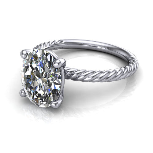 Nova oval rope solitaire engagement ring in 18K White Gold, three-quarter perspective showing the oval center on claw prongs above a twisted rope band