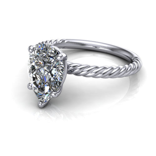 Nova pear rope solitaire engagement ring in Platinum, three-quarter perspective showing the pear center on claw prongs above a twisted rope band