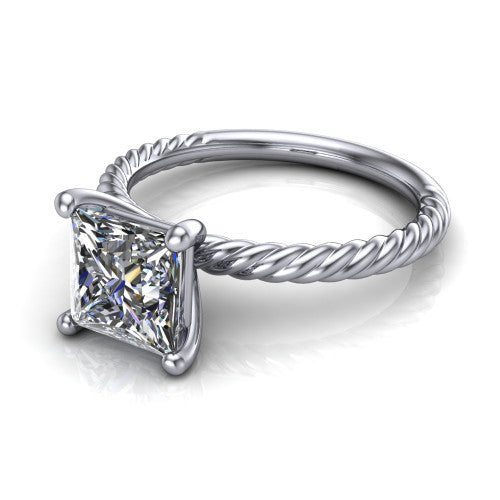 Nova princess rope solitaire engagement ring in 18K White Gold, three-quarter perspective showing the princess center on claw prongs above a twisted rope band