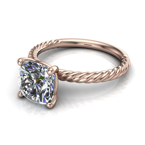 Nova cushion rope solitaire engagement ring in 14K Rose Gold, three-quarter perspective showing the cushion center on claw prongs above a twisted rope band