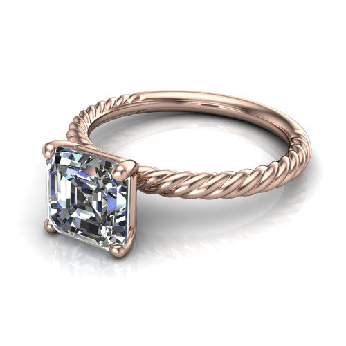 Nova square emerald rope solitaire engagement ring in 14K Rose Gold, three-quarter perspective showing the square emerald center on claw prongs above a twisted rope band
