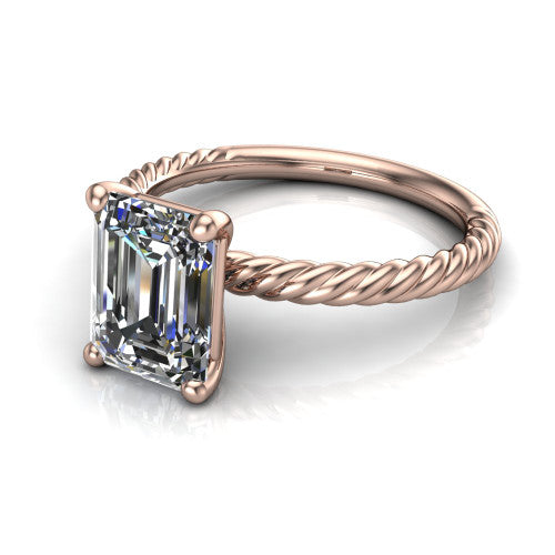Nova emerald rope solitaire engagement ring in 14K Rose Gold, three-quarter perspective showing the emerald center on claw prongs above a twisted rope band