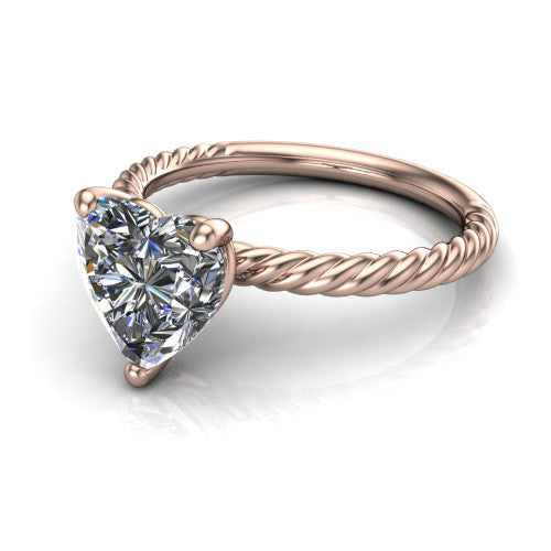 Nova heart rope solitaire engagement ring in 14K Rose Gold, three-quarter perspective showing the heart center on claw prongs above a twisted rope band