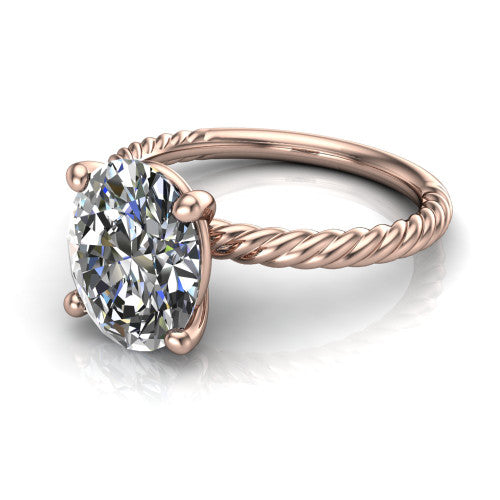 Nova oval rope solitaire engagement ring in 18K Rose Gold, three-quarter perspective showing the oval center on claw prongs above a twisted rope band