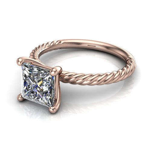 Nova princess rope solitaire engagement ring in 14K Rose Gold, three-quarter perspective showing the princess center on claw prongs above a twisted rope band