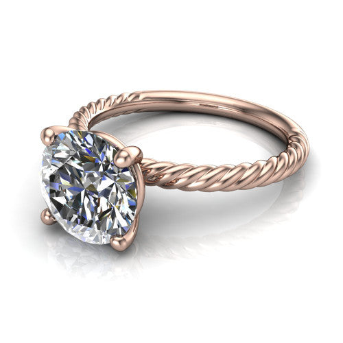 Nova round rope solitaire engagement ring in 18K Rose Gold, three-quarter perspective showing the round center on claw prongs above a twisted rope band